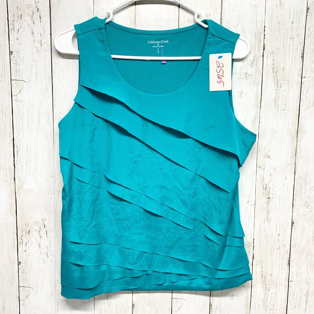 Coldwater Creek Shirt Women Size Small Teal Ruffle Layered Sleeveless Blouse